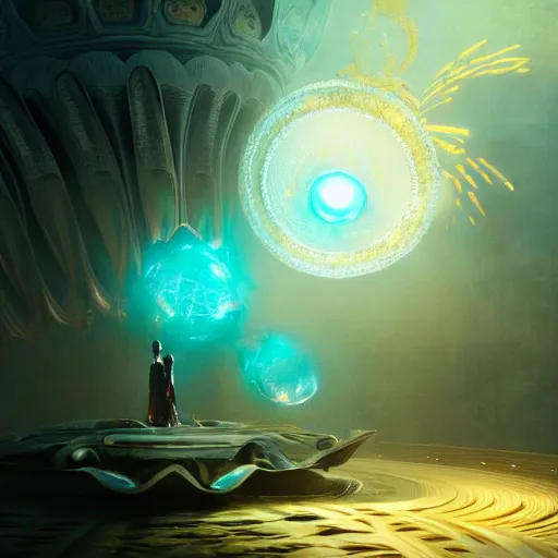 Image similar to within a flower the whole and finite capsule apparent with awe the apparition, an idea seep's into infinity highly detailed in volumetric latent space, golden turquoise steampunk, high contrast cinematic light, mystical shadows, sharp focus, divine realm of gods, octane render, artist by greg rutkowski,