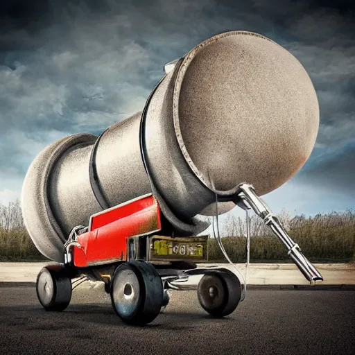 Prompt: Help, I'm being attacked by a very angry cement mixer, I think it's going to charge at me