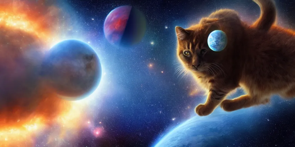 Image similar to a giant cat eating the earth planet, scifi, artstation, cosmos exploration, realistic photo, 4 k, photo by nasa, hubble telescope, cosmos