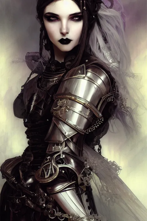 Image similar to beautiful and gothic and evil and luxury and dieselpunk young medieval female knight portrait +smoky eyes+front face with light flowing hair, ultradetail face, art and illustration by tian zi and craig mullins and WLOP and alphonse mucha, fantasy, intricate complexity, human structure, human anatomy, fantasy character concept, watermark, blurry, hyperrealism 8k