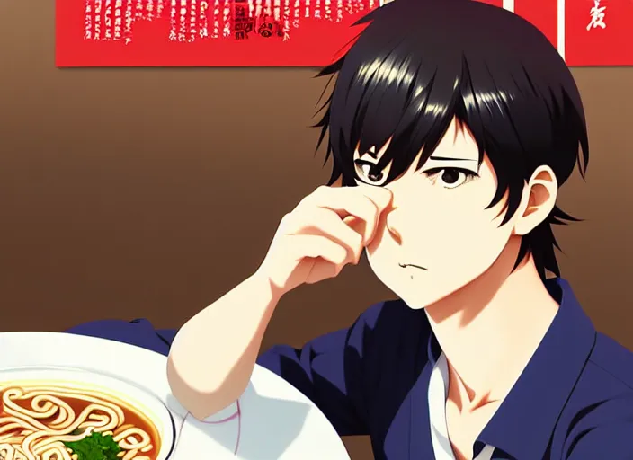 Image similar to anime visual, full body illustration a young man having lunch at a ramen stand, handsome face by ilya kuvshinov, yoshinari yoh, makoto shinkai, katsura masakazu, dynamic perspective pose, detailed facial features, kyoani, rounded eyes, crisp and sharp, cel shad, anime poster, ambient light,