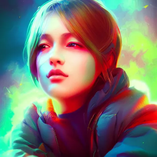 Prompt: A Stunning portrait of teen girl, art by Ross tran, vivid color palette, digital painting, 3D, octane render, post process in Photoshop, highly detailed, particles, light effect, volumetric lighting