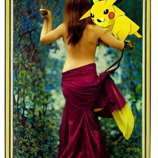 Prompt: elegant woman dressed up as pikachu art photo by Annie Liebovitz and Alphonse Mucha