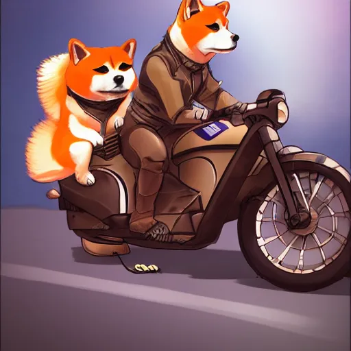 Image similar to shiba inu riding a motorcycle, digital art, 4 k, trending on artstation