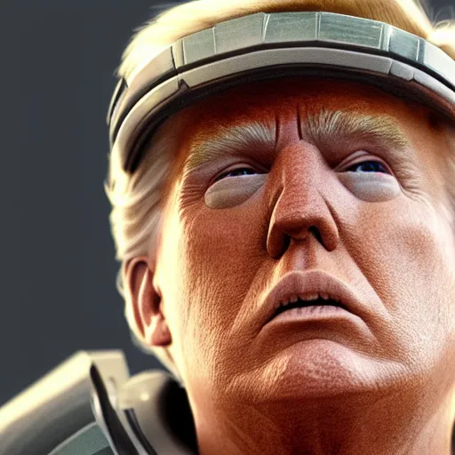 Prompt: a highly detailed portrait photograph of donald trump as master chief, photorealistic, 4 k, wallpaper, lifelike, highly detailed, movie scene