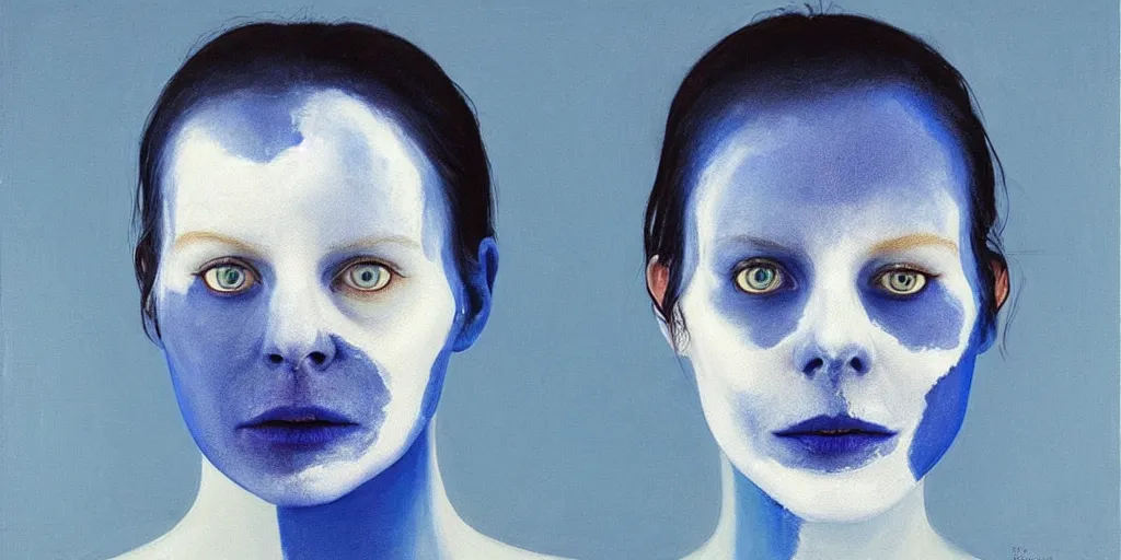 Image similar to with malice, your blue skin, with malice, your blue eyes, with malice, your, white smile with malice, your whole body, at last, with malice, with malice, will it be when i stay awake thinking of her, does she think a little about me? painting by gottfried helnwein david normal masterpiece pablo amaringo