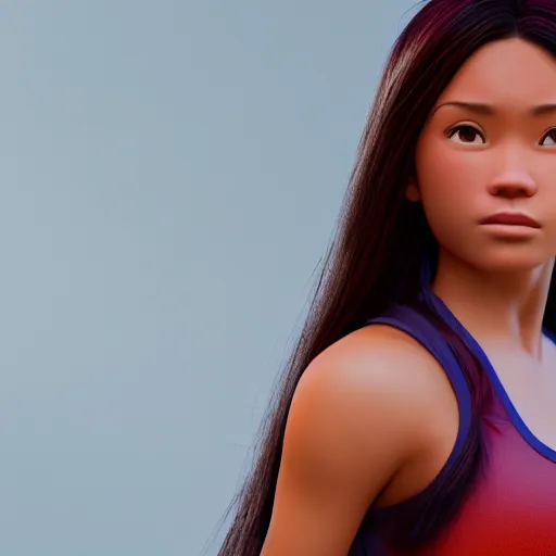 Prompt: young beautiful athletic Filipino woman with long hair posing, depicted as adult Pixar character, high quality cg render, 4k