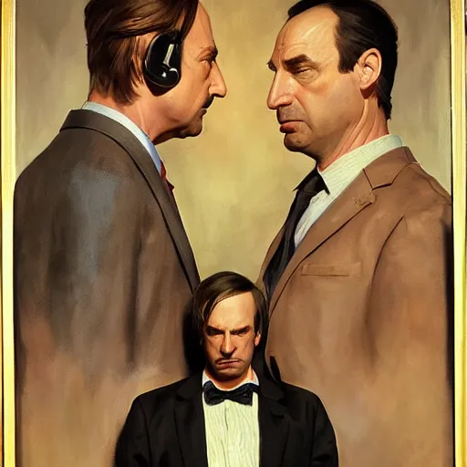 Prompt: saul goodman and kiw wexler, dramatic shot, better call saul, painting by sargent and leyendecker and greg hildebrandt