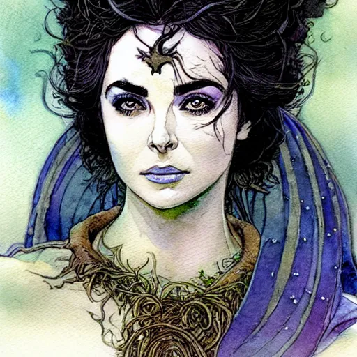 Prompt: a realistic and atmospheric watercolour fantasy character concept art portrait of young elizabeth taylor aged 2 1 as a druidic warrior wizard looking at the camera with an intelligent gaze by rebecca guay, michael kaluta, charles vess and jean moebius giraud
