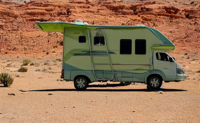 Image similar to a motorhome in the desert, green smoke coming from the top, wide angle shot