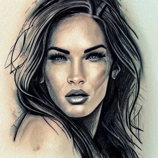 Prompt: tattoo sketch of megan fox's face shape created in amazing mountain scenery, in the style of dan mountford