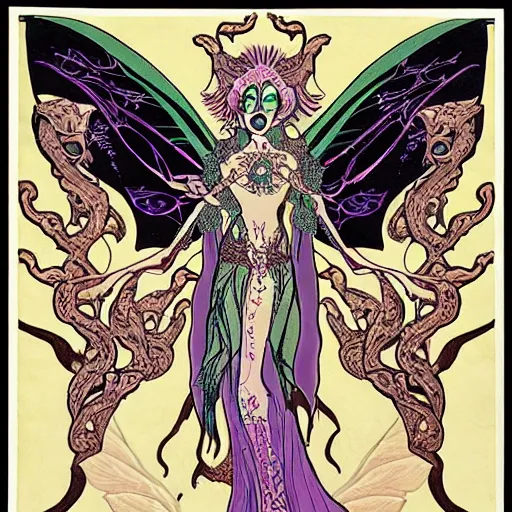 Prompt: Eldritch fairy lovecraft Woman with Art-Nouveau moth wings, black hair, Kali, and the Bodhisattva's Thousand Arms