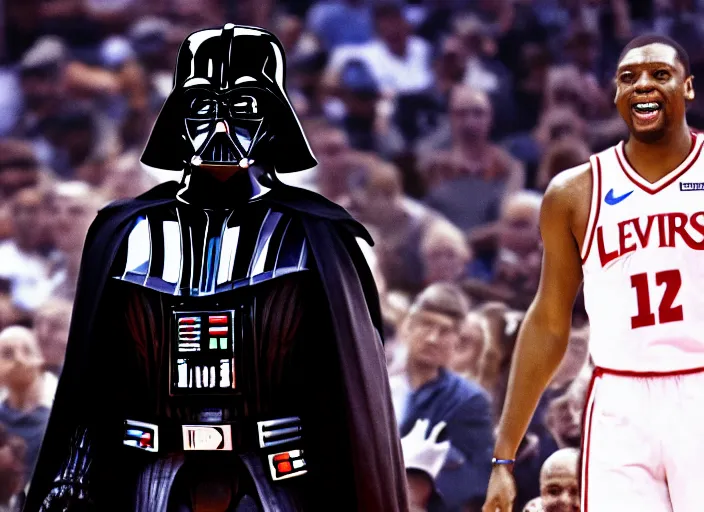 Image similar to ESPN still of Darth Vader playing in the nba playoffs live on espn, 4k