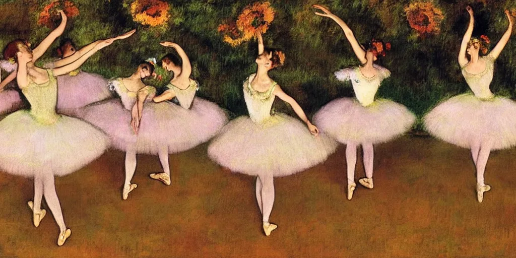 Image similar to anthropomorphic flowers performing ballet by Edgar Degas