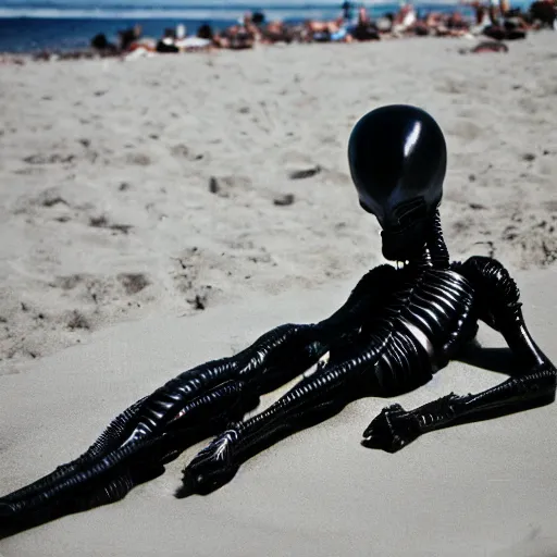 Image similar to a xenomorph on vacation lounging on the beach, 35mm film