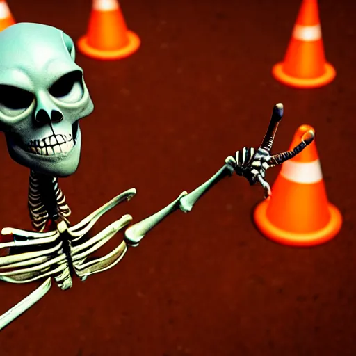 Image similar to weta disney pixar movie still macro close photo of a skeleton with traffic - cones for hands. his hands are traffic - cones. : : by weta, greg rutkowski, wlop, ilya kuvshinov, rossdraws, artgerm, octane render, iridescent, bright morning, anime, liosh, mucha : :