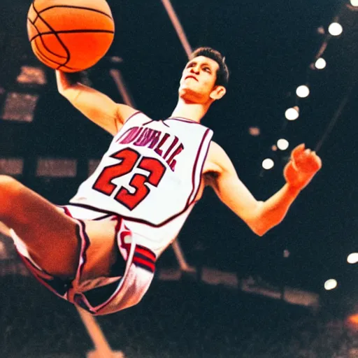 Image similar to film still of a llama in a jersey dunking a basketball like michael jordan, low angle, show from below, tilted frame, 3 5 °, dutch angle, extreme long shot, high detail, indoors, dramatic backlighting