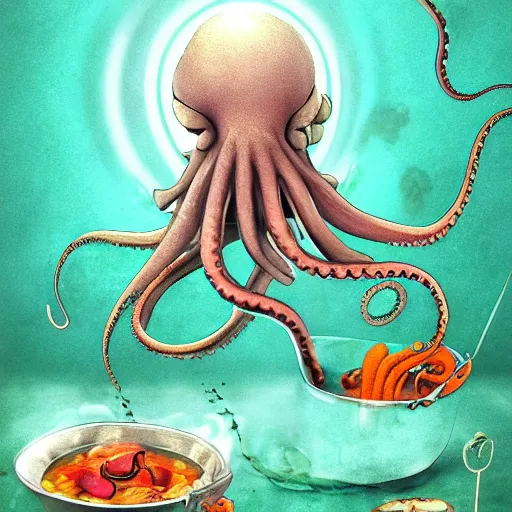 Image similar to an octopus cooking soup, stirring a pot with a ladle and cutting vegetables, fantasy illustration, trending on artstation, deviantart, very realistic, 4k