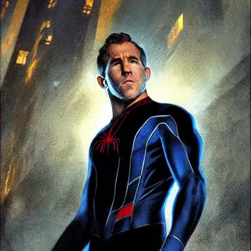 Image similar to ryan reynolds as spider - man, wearing a black and blue suit, cinematic, volumetric lighting, f 8 aperture, cinematic eastman 5 3 8 4 film, photorealistic by greg rutkowski, by stanley artgerm, by alphonse mucha