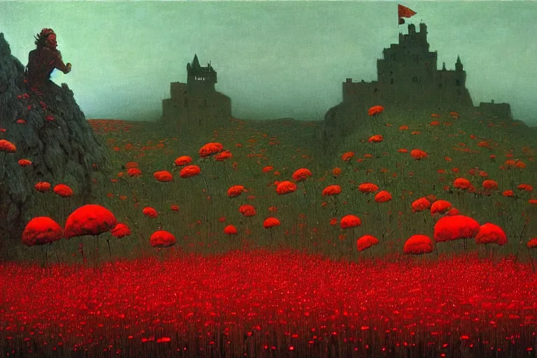 Prompt: only with red, red flowers of different types, a castle in the background, red orcs and trolls dance over the flowers, in the style of beksinski, part by hopper, part by rodcenko, part by hofbauer, intricate composition, red by caravaggio, insanely quality, highly detailed, masterpiece, red light, artstation