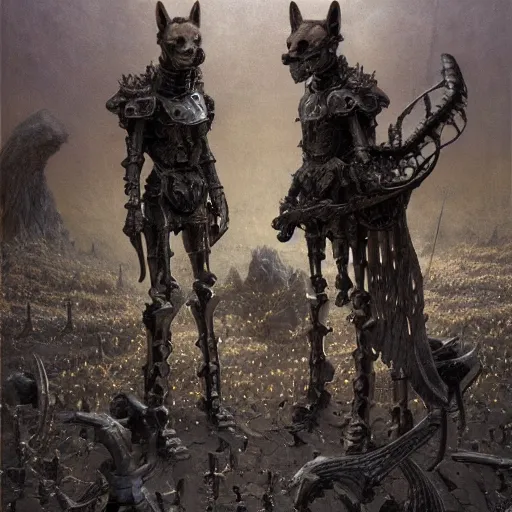 Image similar to armor made of bones, anthropomorphic shiba inu, metalic, stuning 3 d render, masterpiece, glowing black aura, foggy dark graveyard, by donato giancola and greg rutkowski and wayne barlow and zdzisław beksinski, realistic face