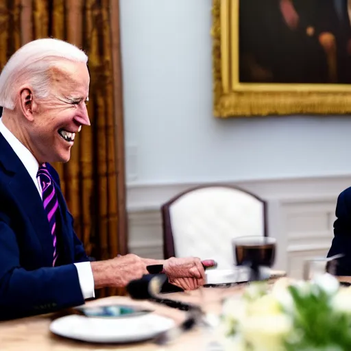 Image similar to 4 k hdr portrait wide angle photo of president joe biden laughing at a dinner table meeting surrounded by taliban terrorist leaders