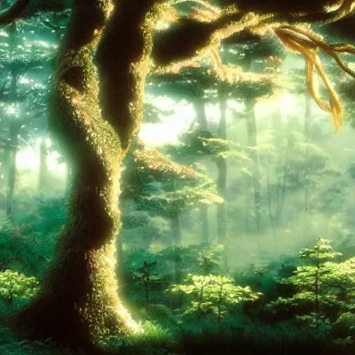 Prompt: spirit, forest, dancing on a tree top, hayao miyazaki, masashi ando, nizou yamamoto, kazuo oga, joe hisaishi, yoji takeshige, naoya tanaka