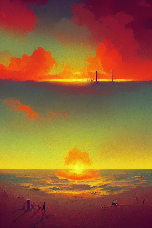 Image similar to a nuclear bomb detonates beach surreal photography, sunrise, dramatic light, impressionist painting, colorful clouds, digital painting, artstation, simon stalenhag