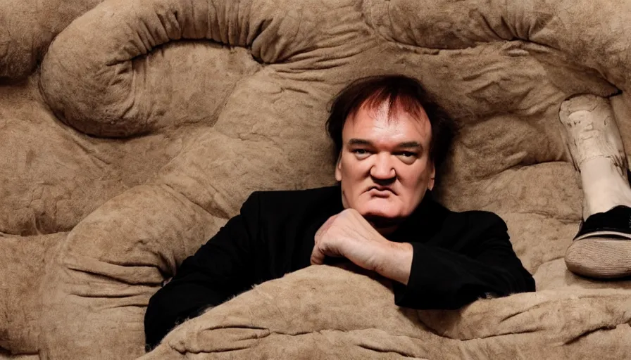 Image similar to Quentin Tarantino sitting on couch inside house made of human feet, close-up portrait photograph