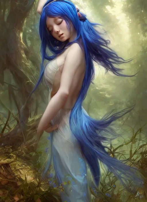 Image similar to stunningly beautiful female blue hair, dj sura face, fantasy art, fae priestess, lush forest landscape, dark light night, sharp focus, digital painting, 8 k, concept art, art by wlop, artgerm, greg rutkowski and alphonse mucha