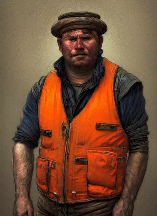 Image similar to a russian railroad electrician!!!, male!!, wearing orange vest!!, siberia!!, portrait, 3 5, dirty, fat, ugly, intricate, elegant, highly detailed, digital painting, artstation, concept art, wallpaper, smooth, sharp focus, illustration, art by artgerm and greg rutkowski and alphonse mucha