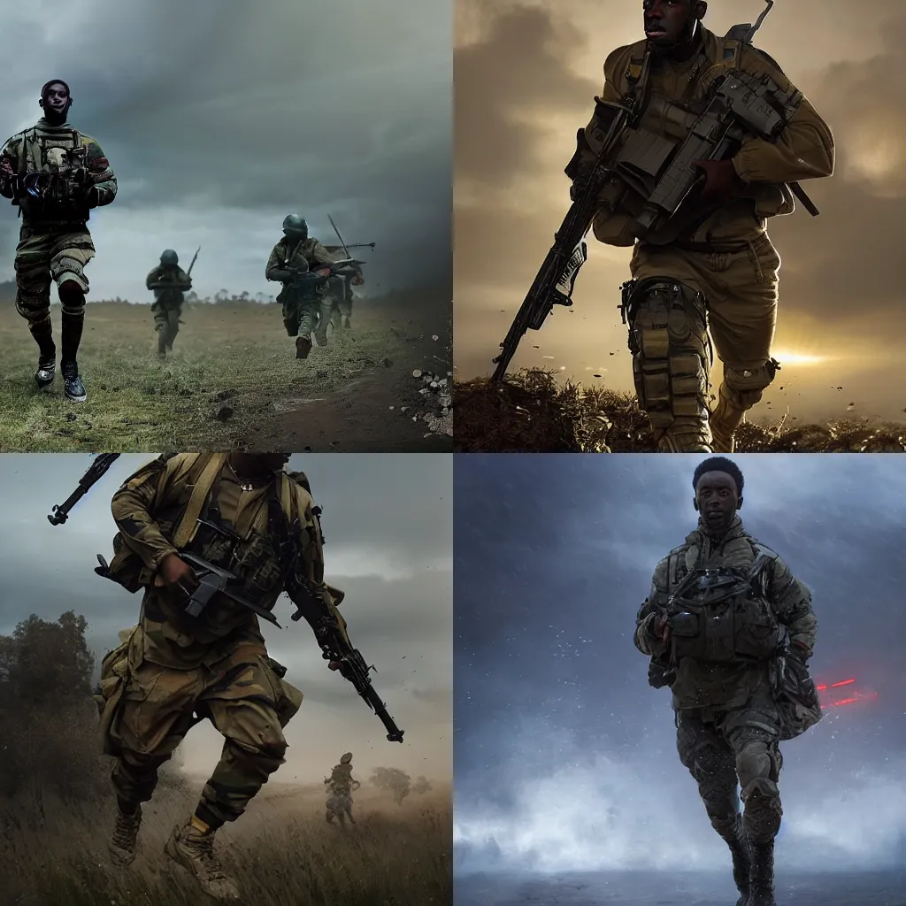 Prompt: Portrait of a black modern British army soldier in full gear sprinting through enemy territory, cinematic lighting, front lighting, 4k, award-winning, by Greg Rutkowski, full body visible,