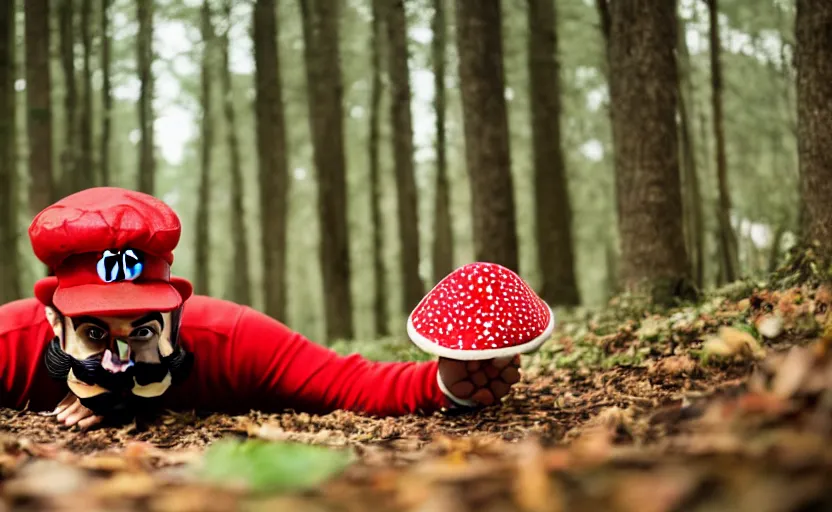 Image similar to italian man with a mustache dressed as mario wearing a solid red mario hat, crawling on the ground, excited face, eyes rolled back, drooling, licking a red mushroom with white spots, in a forest, photography, 5 0 mm lens, f 1. 8