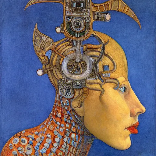 Image similar to the robot queen, by annie swynnerton and diego rivera and lucien freud and jean delville, symbolist, dramatic lighting, elaborate geometric ornament, head and shoulders view, art brut, soft pastel colors, smooth, sharp focus, extremely detailed, adolf wolfli, leo and diane dillon, nicholas roerich