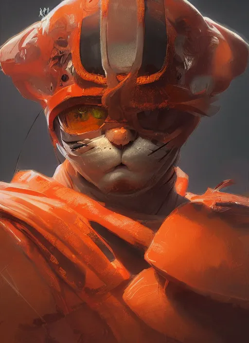 Image similar to Orange samurai-cat by WLOP, 4K portrait render, CGSociety, marvel comics, dark, intricate, highly detailed, smooth, artstation, digital illustration by Ruan Jia and Mandy Jurgens and Artgerm and Wayne Barlowe and Greg Rutkowski and Frank Frazetta