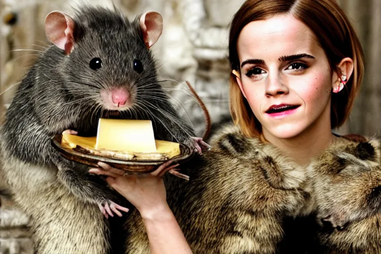 Prompt: photo, emma watson as anthropomorphic furry - rat, huge rats around, eating cheese, highly detailed, intricate details