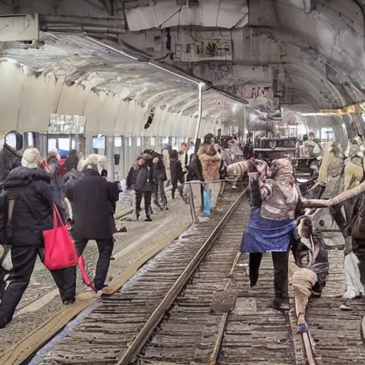 Prompt: Cyberpunk train Moscow Ryazan and there cyberpunk old women staged a massacre, neon,