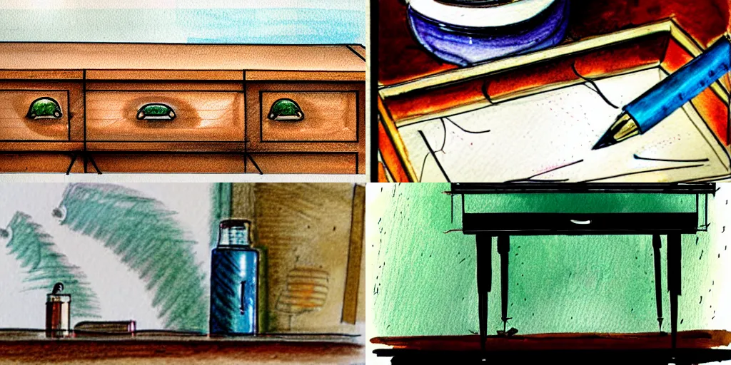 Prompt: technical drawing of quill pen and ink jar on an antique desk, afternoon lighting, watercolor