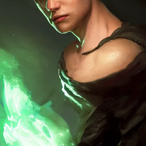 Prompt: male with black short hair and green eyes by Greg Rutkowski, Sung Choi, Mitchell Mohrhauser, Maciej Kuciara, Johnson Ting, Maxim Verehin, Peter Konig, final fantasy , mythical, 8k photorealistic, sexy, hot, cinematic lighting, HD, high details