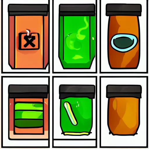 Image similar to video game icon of a potion, concept art, ref sheet, icon sketches for a video game of a potion