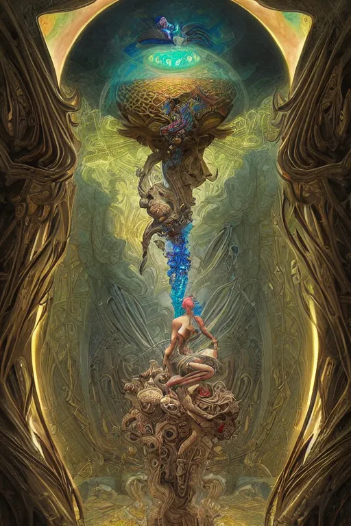 Image similar to god of portals, tarot card, fantasy drawing made of fractals, ultra realistic, wide angle, art nouveau, intricate details, rainbowshift, vivid colors, highly detailed by peter mohrbacher, wayne barlowe, maxfield parrish, aaron horkey, gaston bussiere, craig mullins