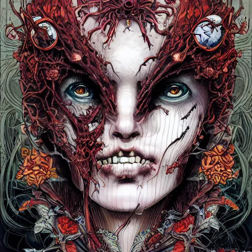 Image similar to portrait of mad zombie queen, symmetrical, by yoichi hatakenaka, masamune shirow, josan gonzales and dan mumford, ayami kojima, takato yamamoto, barclay shaw, karol bak, yukito kishiro illustration, clear line