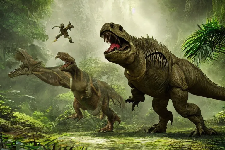 Prompt: a photo of a human fighting a t rex in a fantasy jungle, photorealistic, hd, 8 k