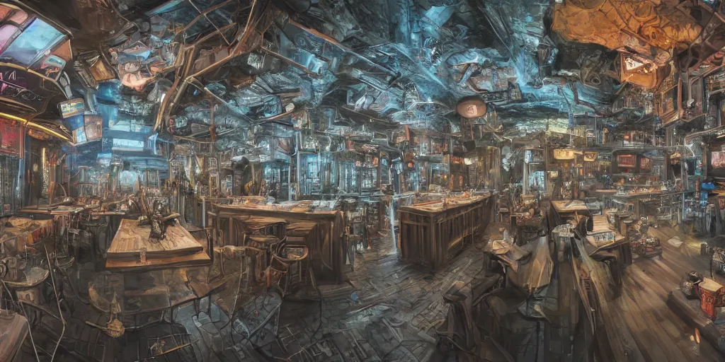 Prompt: Highly detailed realistic photo of interior design in style of Hiromasa Ogura and Josan Gonzalez of detailed cyberpunk tavern with minimalism stone walls and neon lights, a lot of electronics and people, many details. Natural white sunlight from the transperient roof. Panorama on 360 degrees Rendered in 32K in VRAY and DaVinci Resolve and MAXWELL and LUMION 3D, Volumetric natural light