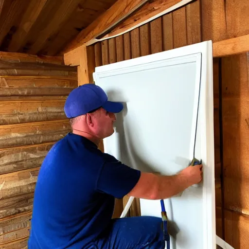 Prompt: HVACR technician installing extractor fan at the brap barn