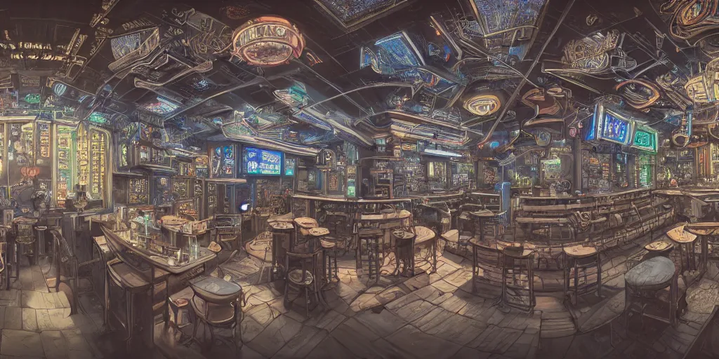 Image similar to Highly detailed realistic photo of interior design in style of minimalism by Hiromasa Ogura and Josan Gonzalez of detailed cyberpunk tavern with stone walls and neon lights, a lot of electronics and people, many details. Natural white sunlight from the transperient roof. Panorama on 360 degrees Rendered in 32K in VRAY and DaVinci Resolve and MAXWELL and LUMION 3D, Volumetric natural light