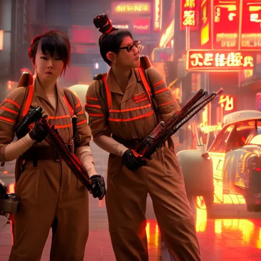 Image similar to ghostbusters in feudal japan, steam punk aesthetic, cinematic quality, high octane, splash art, movie still, cinematic lighting, ray tracing, detailed face, octane render, long lens, shallow depth of field, bokeh, anamorphic lens flare, 8 k, hyper detailed, 3 5 mm film grain