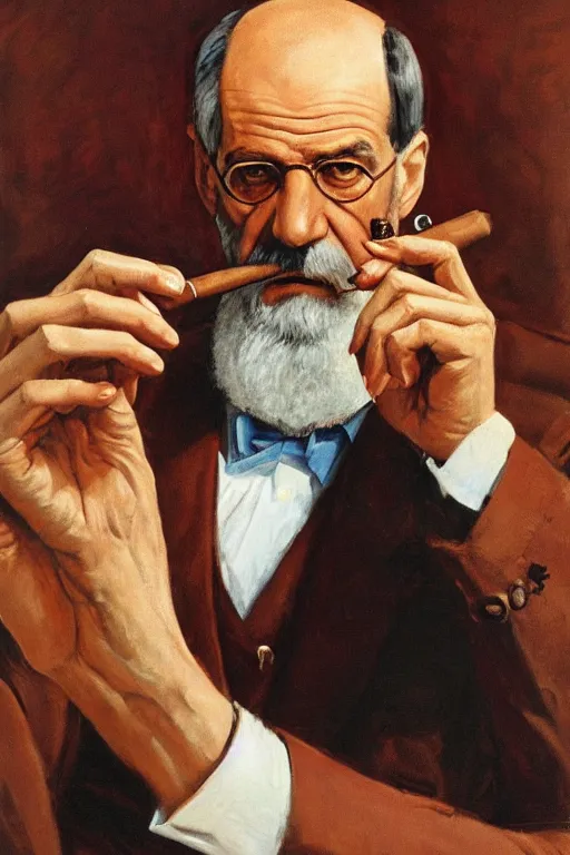 portrait of sigmund freud, holding cigar, by frank | Stable Diffusion