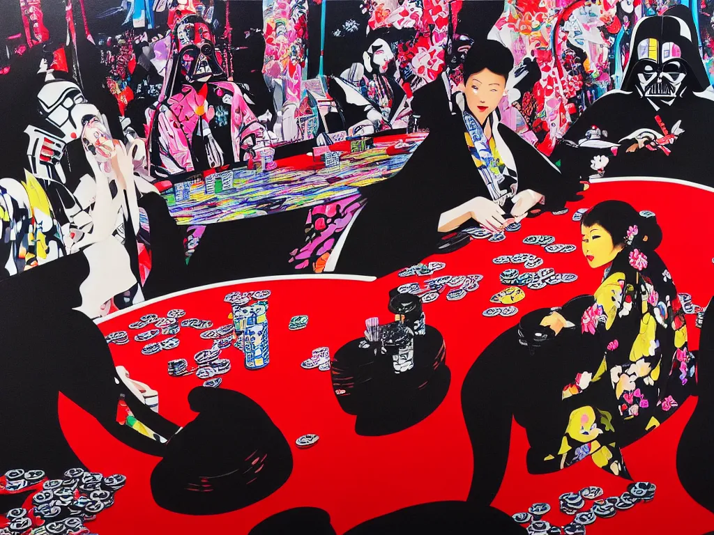 Image similar to hyperrealism composition of the detailed woman in a japanese kimono sitting at an extremely detailed poker table with darth vader, terminator, fireworks on the background, pop - art style, jacky tsai style, andy warhol style, acrylic on canvas