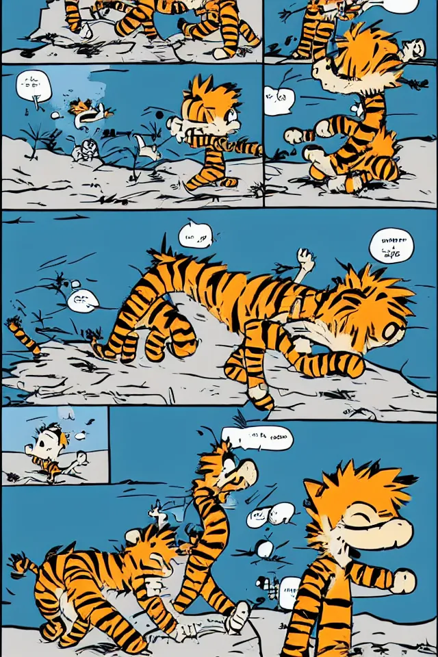 Image similar to Calvin and Hobbes as adults on crack